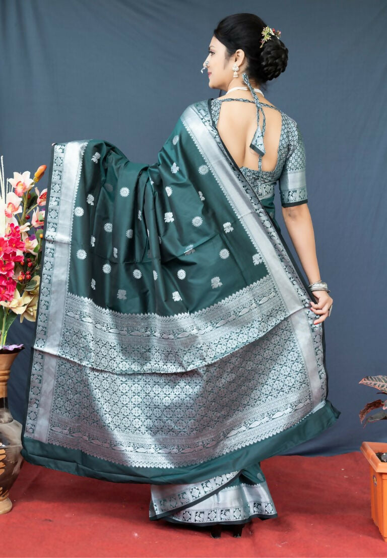 Jyoti Fashion Women's Bottle Green Soft Banarasi Silk Zari Woven Saree with Blouse | Swadesiicart