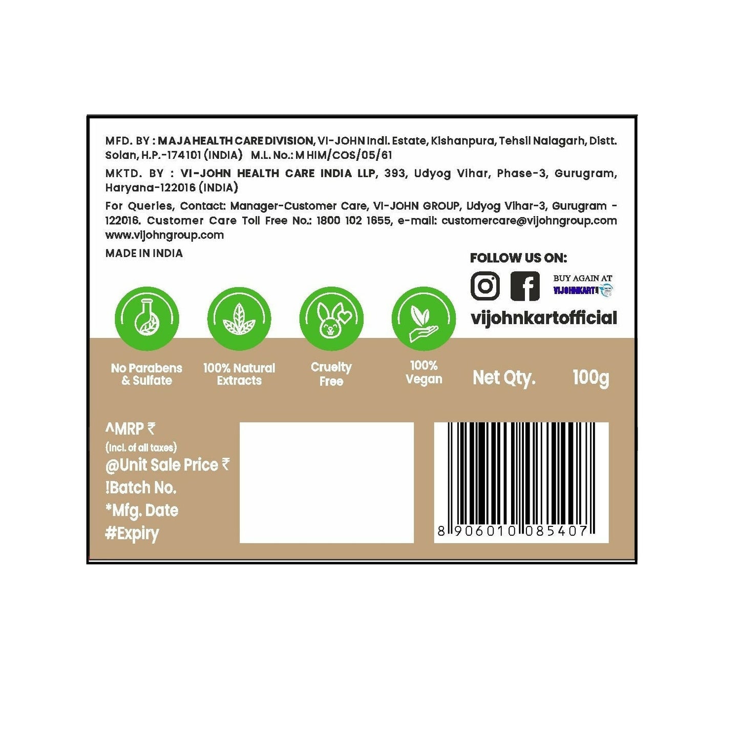 VI-JOHN Prakritik Multani Mitti Face Pack Controls Sebum Made With 100% Natural Bio Actives | Swadesiicart