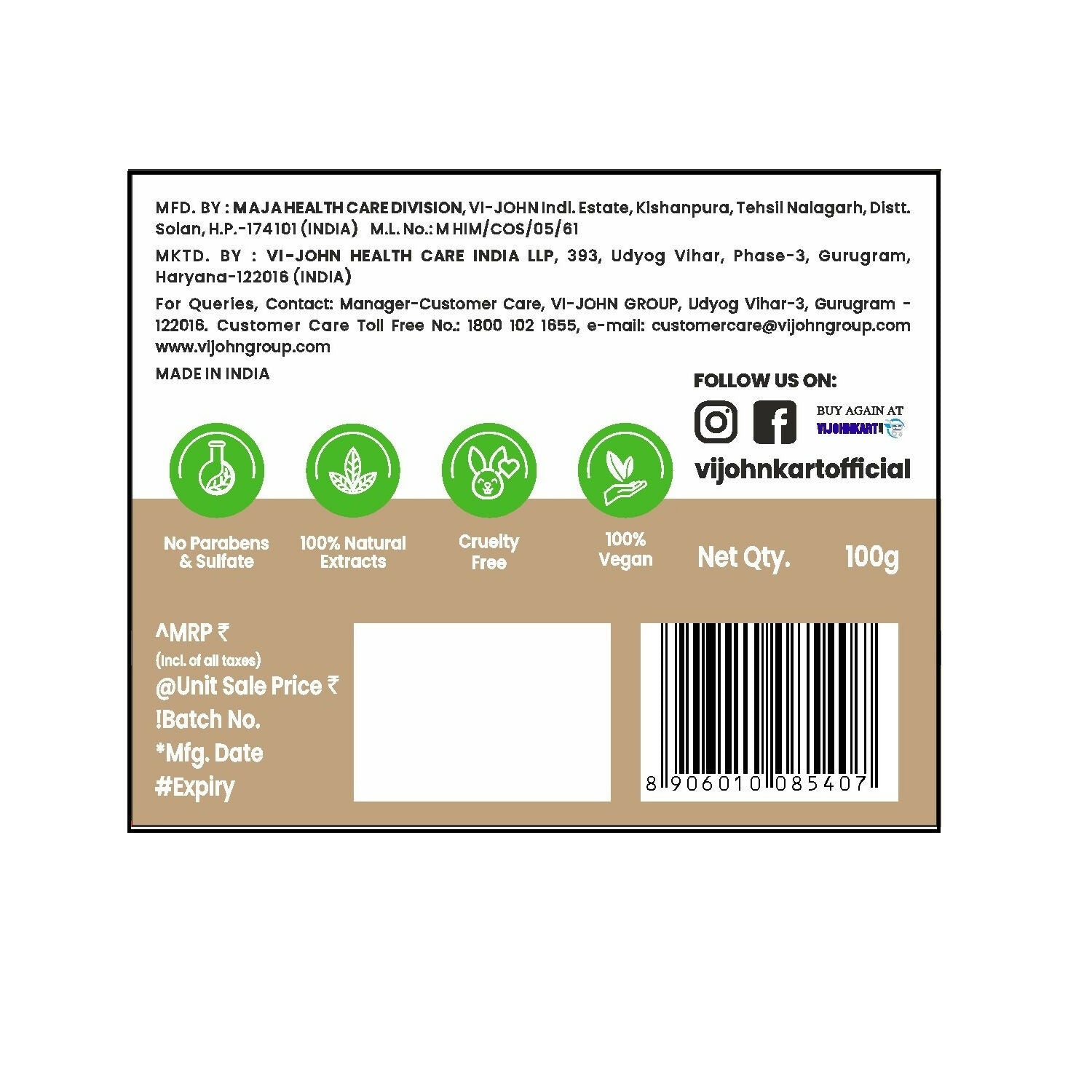 VI-JOHN Prakritik Multani Mitti Face Pack Controls Sebum Made With 100% Natural Bio Actives | Swadesiicart