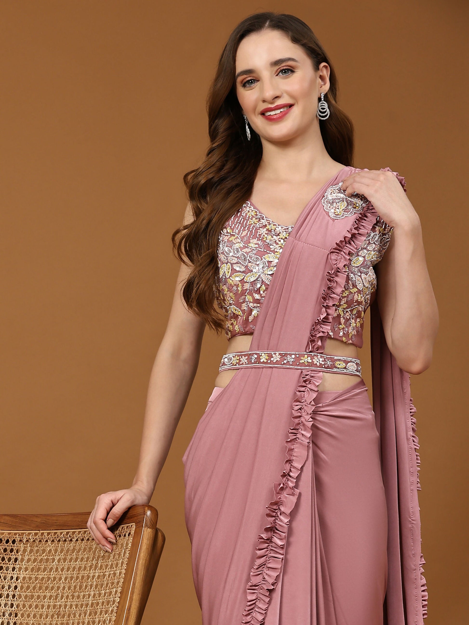 Pink Lycra Solid Ready to wear Saree with stitched Blouse - Vanita | Swadesiicart