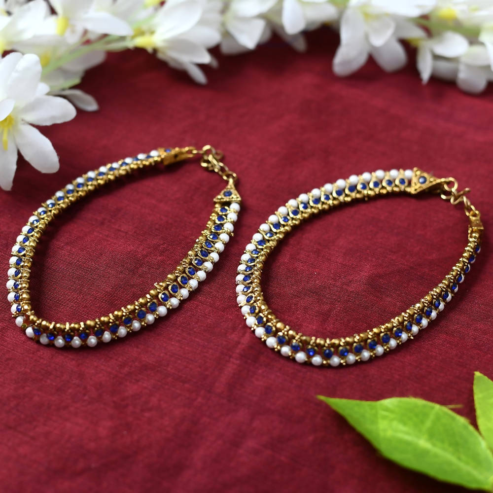 Mominos Fashion Kamal Johar Blue Kundan Anklets | Swadesiicart