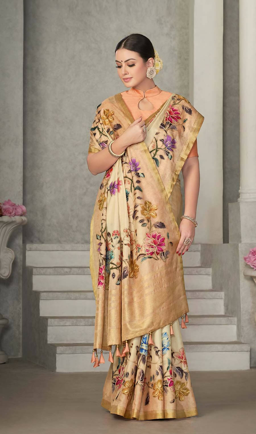 Beige Rangkat Tussar Silk Woven Design Saree with Unstitched Blouse - Mohmanthan Eshani | Swadesiicart