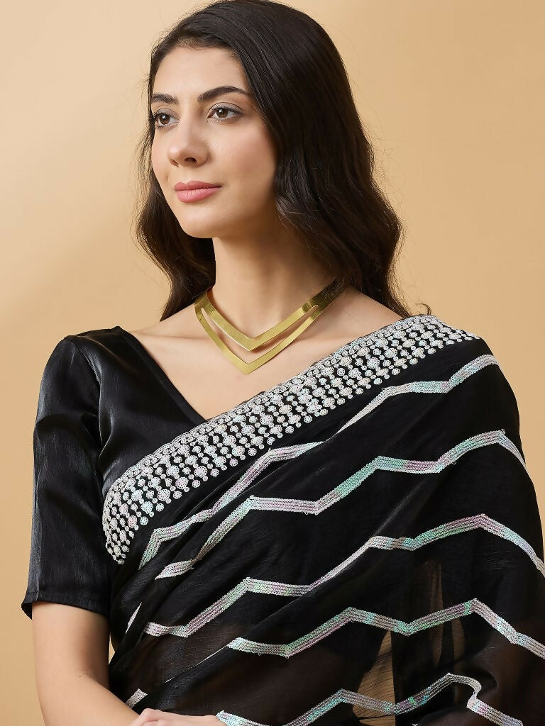 Black Tissue Slub Embroidered Saree with Unstitched Blouse - Vairagi