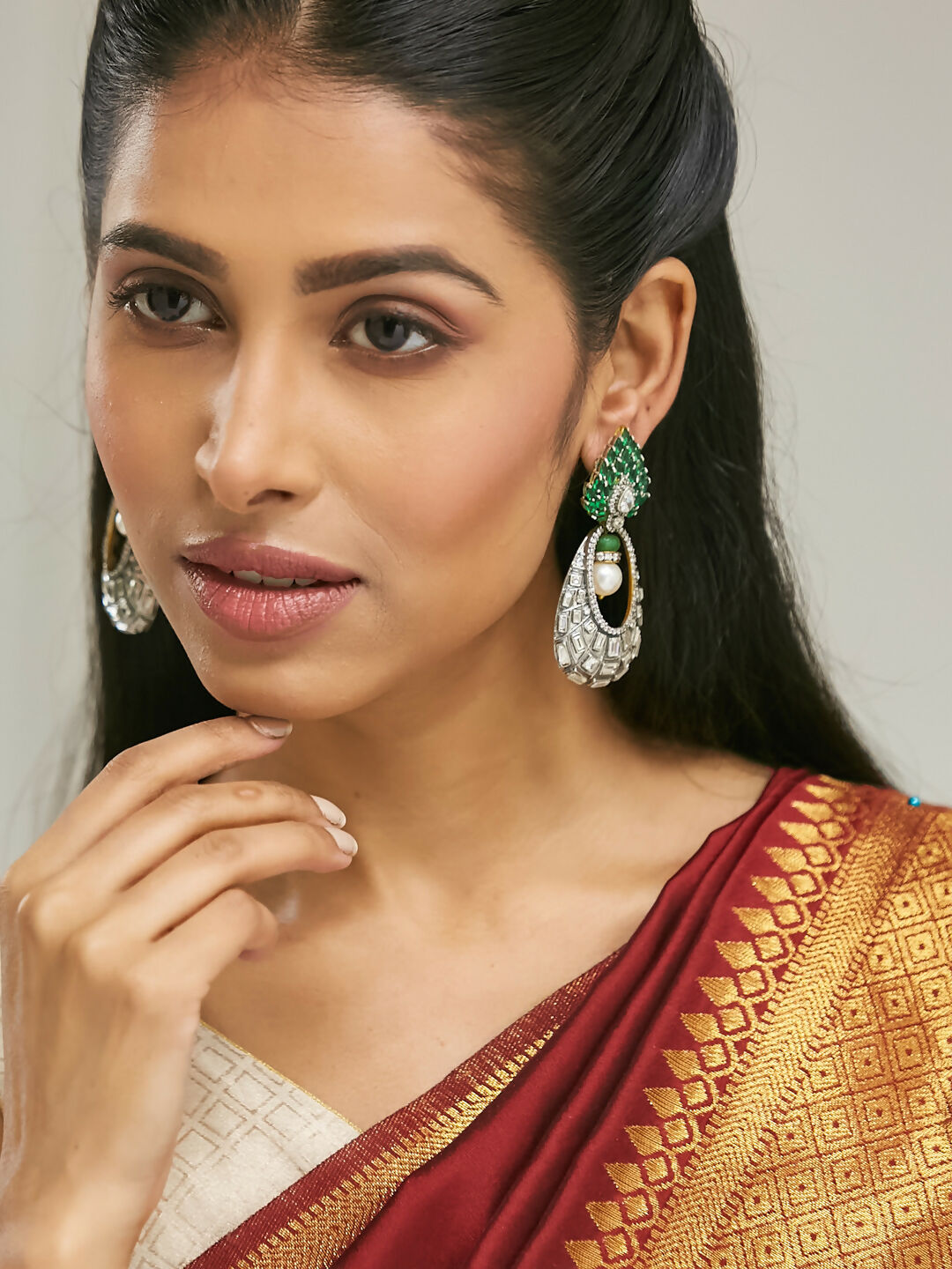 Nuyug 22K Gold-Plated Zircon Studded & Pearl Teardrop Shaped Dangler Earrings | Swadesiicart