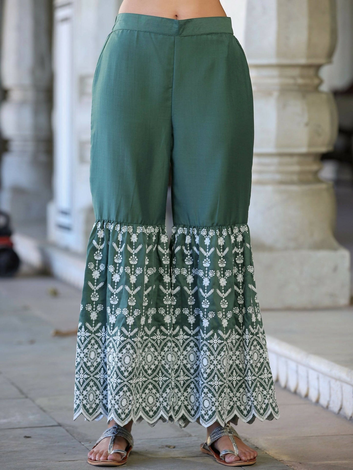 Juniper Women's Green Chinnon Embroidered Kurta Garara Set | Swadesiicart