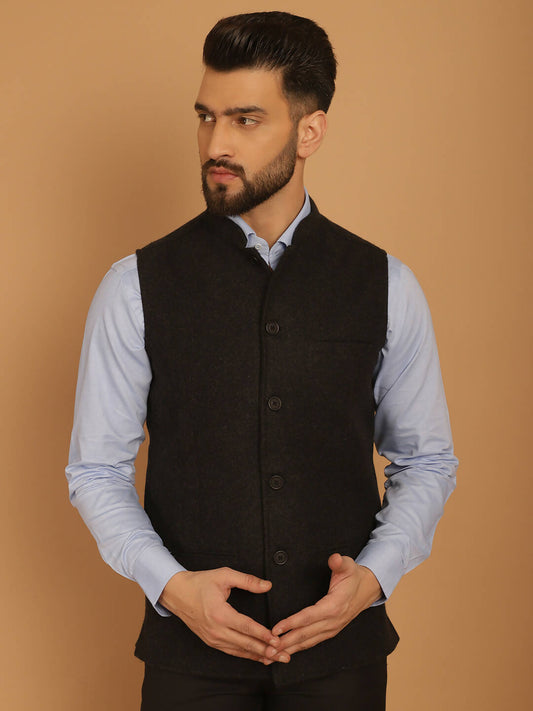 Even Apparels Pure Wool Nehru Jacket - Charcoal | Swadesiicart