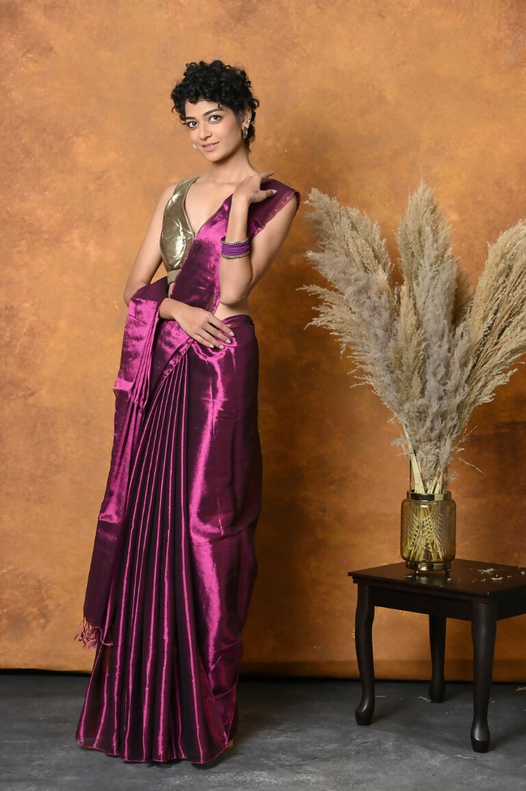 Very Much Indian Fusion Cotton Tissue Shimmer Saree - Maroon | Swadesiicart