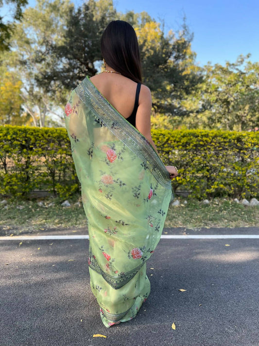 Vamsee Green Organza Saree - Swadesiicart