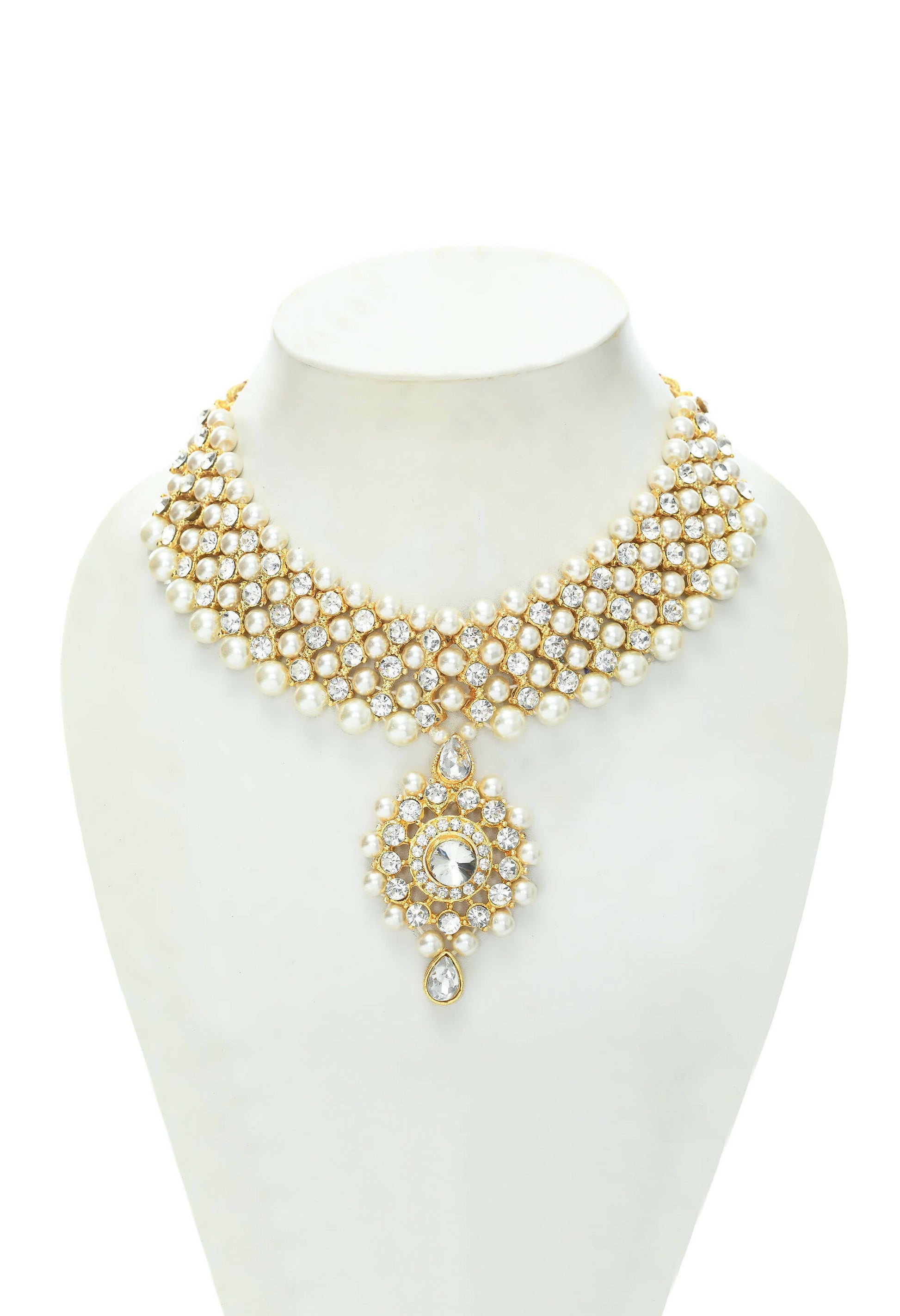 Mominos Fashion Johar Kamal Gold-Polished Rani Haar with Off white Pearls Jewellery Set - Swadesiicart