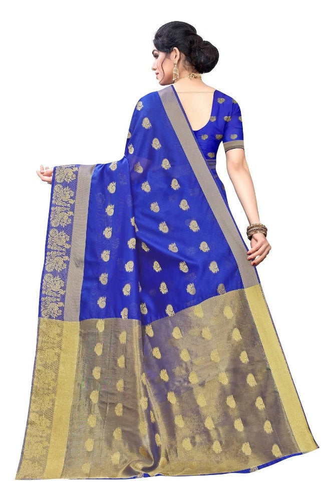 Vamika Banarasi Jacquard Weaving Blue With Gold Print Saree | Swadesiicart