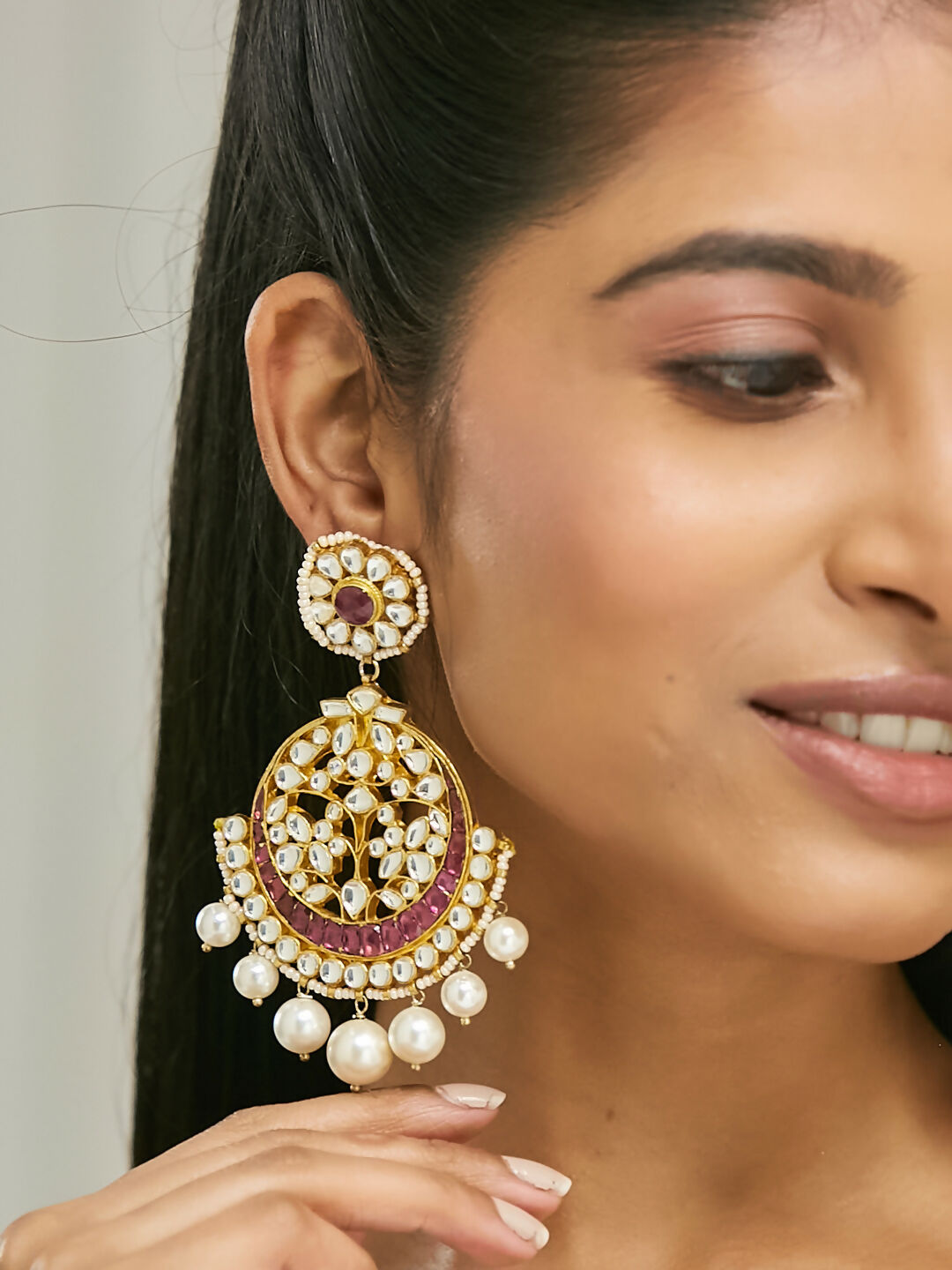 Nuyug 22K Gold-Plated Elegant Ruby & Kundan Stone Studded With Pearl Beaded Floral Chandbalis | Swadesiicart