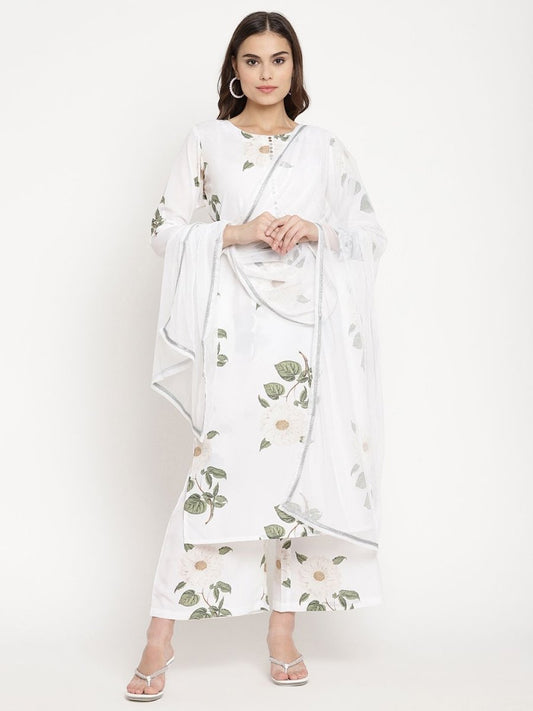 Ahalyaa Women's White Crepe Digital Print Kurta Palazzo Set With Dupatta | Swadesiicart