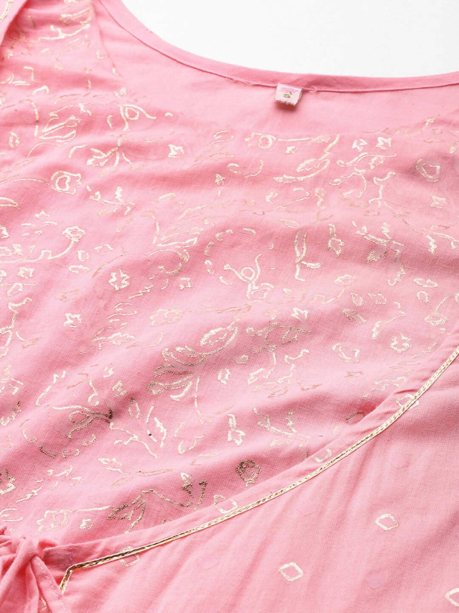 Ahalyaa Pink & Gold Ethnic Printed Layered Front Slit Cotton Anarkali Kurta Palazzos | Swadesiicart