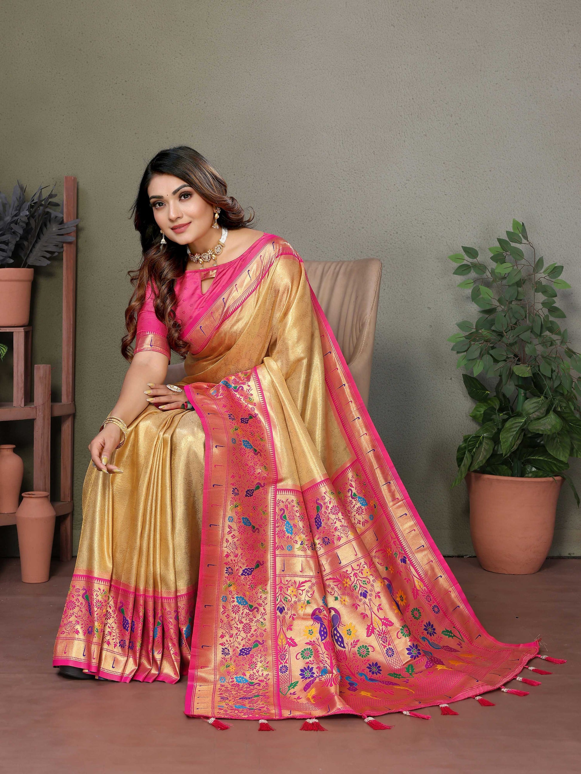 Aastha Fashion Gold Tissue Silk Paithani Woven Saree