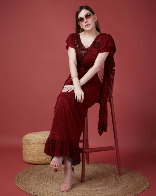 Maroon Imported Crush Solid Ready to Wear Saree with stitched Blouse - Aayan | Swadesiicart