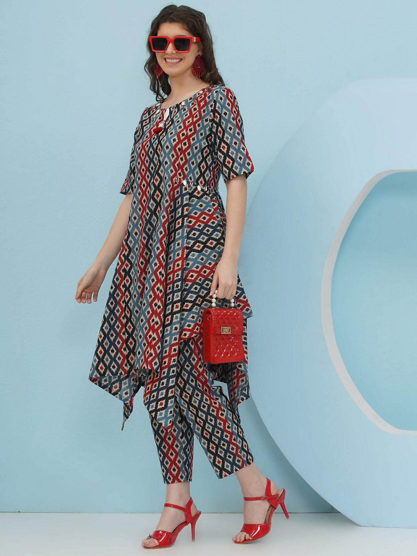 Joban Fashion Ikkat Printed Co Ord Set - Blue Red - Swadesiicart