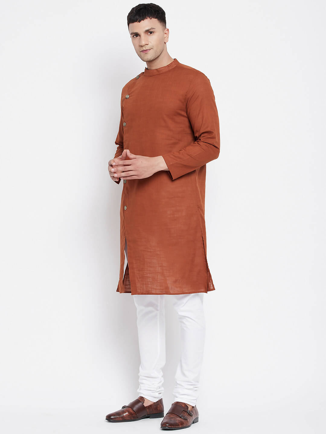 Even Apparels Brown Pure Cotton Men's Sherwani Kurta With Asymetrical Cut | Swadesiicart