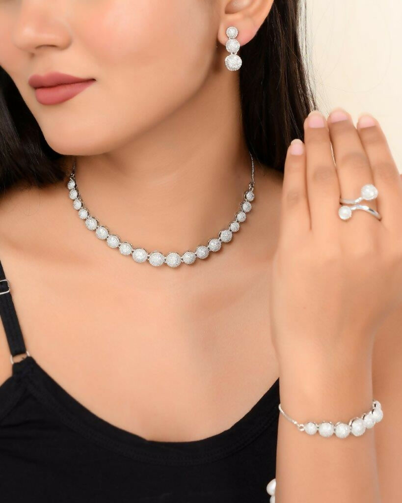 VOJ Silver Plated AD studded Necklace, Earrings With Ring And bracelet - Swadesiicart