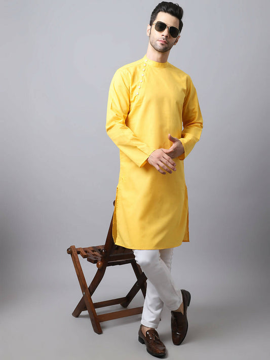 Even Apparels Yellow Pure Cotton Men's Kurta With Side Placket | Swadesiicart