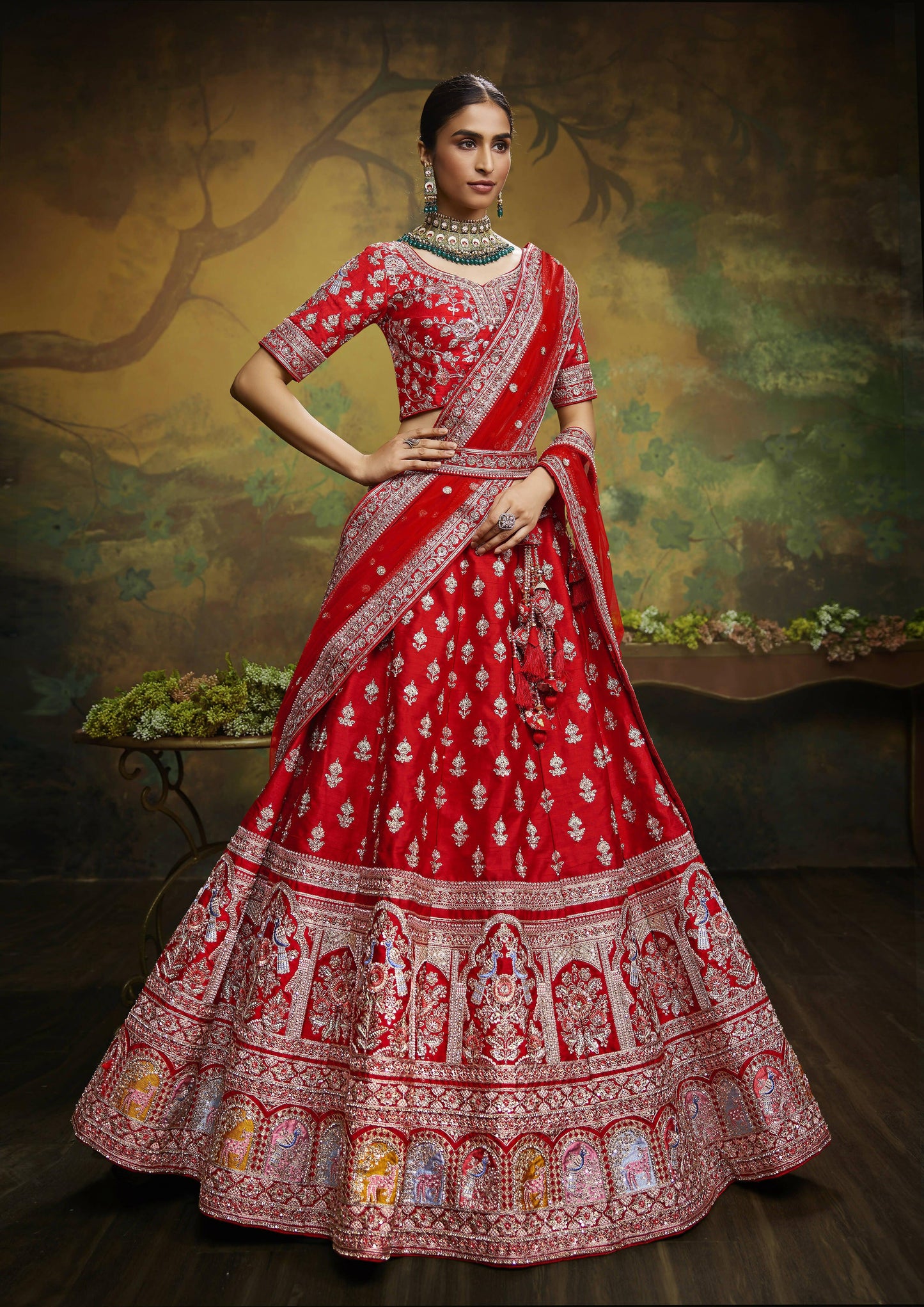 House of Panchhi Red Pure Silk Moti & Zarkan heavy embroidery Lehenga choli & Dupatta | Swadesiicart