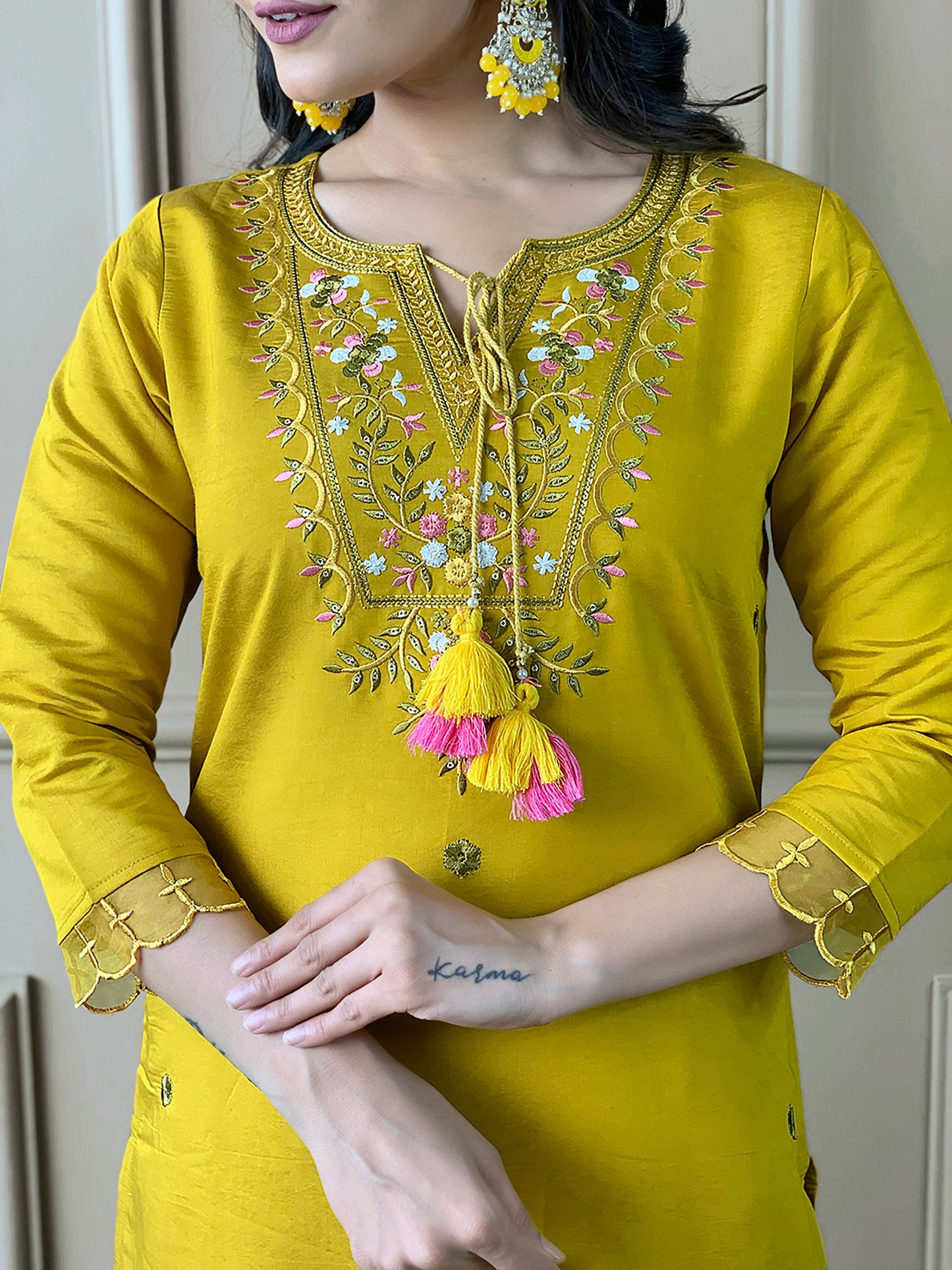 Partywear Designer Chanderi Mustard Stitched Suit With Dupatta - Tanisha | Swadesiicart