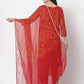 Myshka Women Red Georgette Printed 3/4 Sleeve Round Neck Kurta Pant Dupatta Set