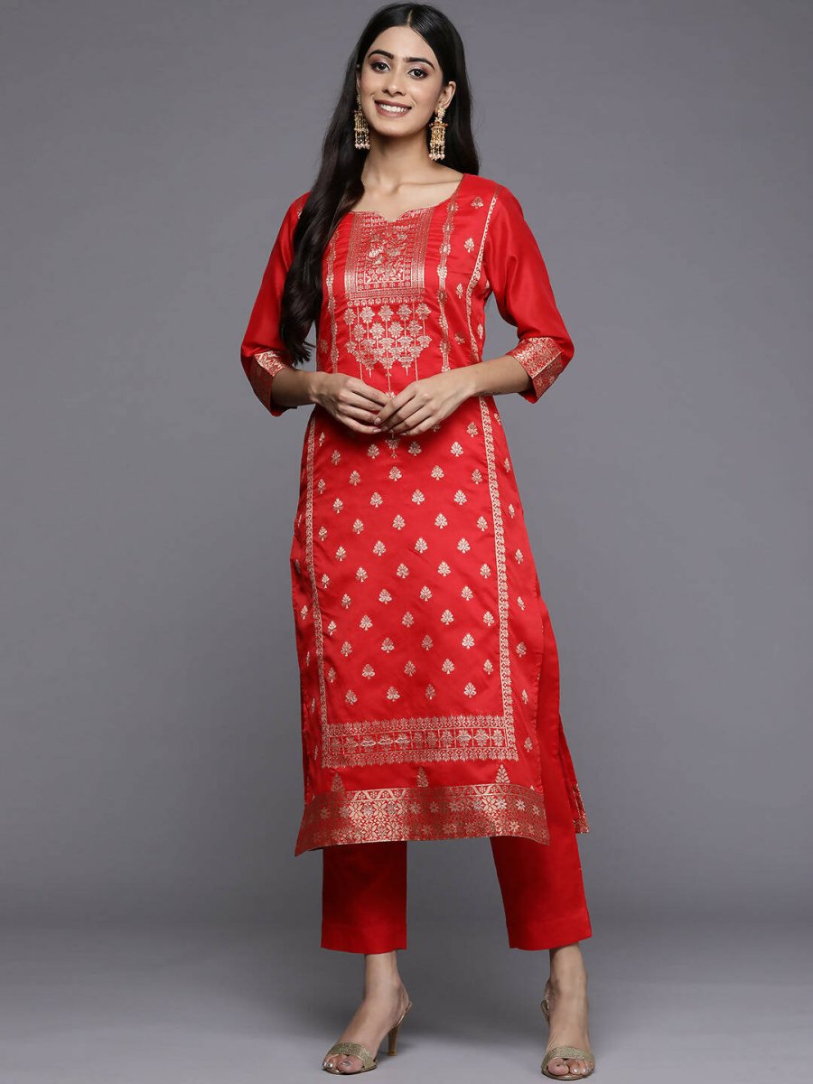Ahalyaa Women Red Ethnic Motifs Kurta with Trousers | Swadesiicart