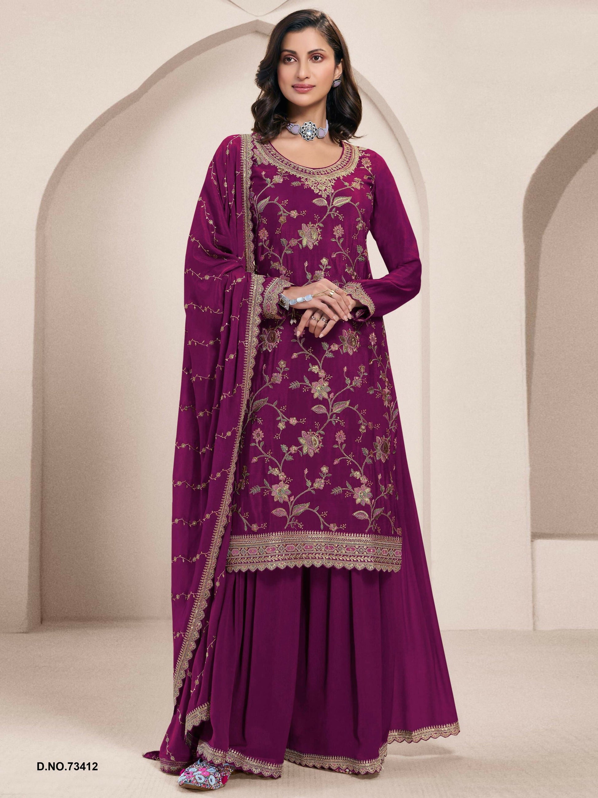 Anaita Wine Heavy Chinon With Embroidery Sharara Suit (bottom Stitched)