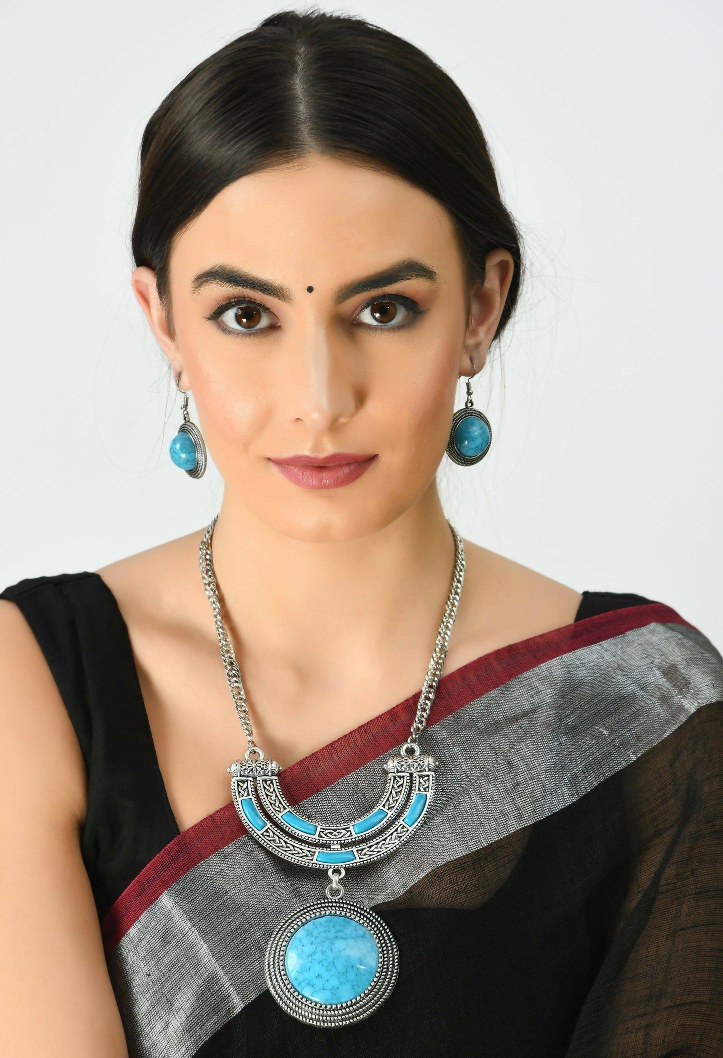 Mominos Fashion Johar Kamal Oxidised Silver-Plated Stone Work Long Necklace Handicraft Sky Blue | Swadesiicart