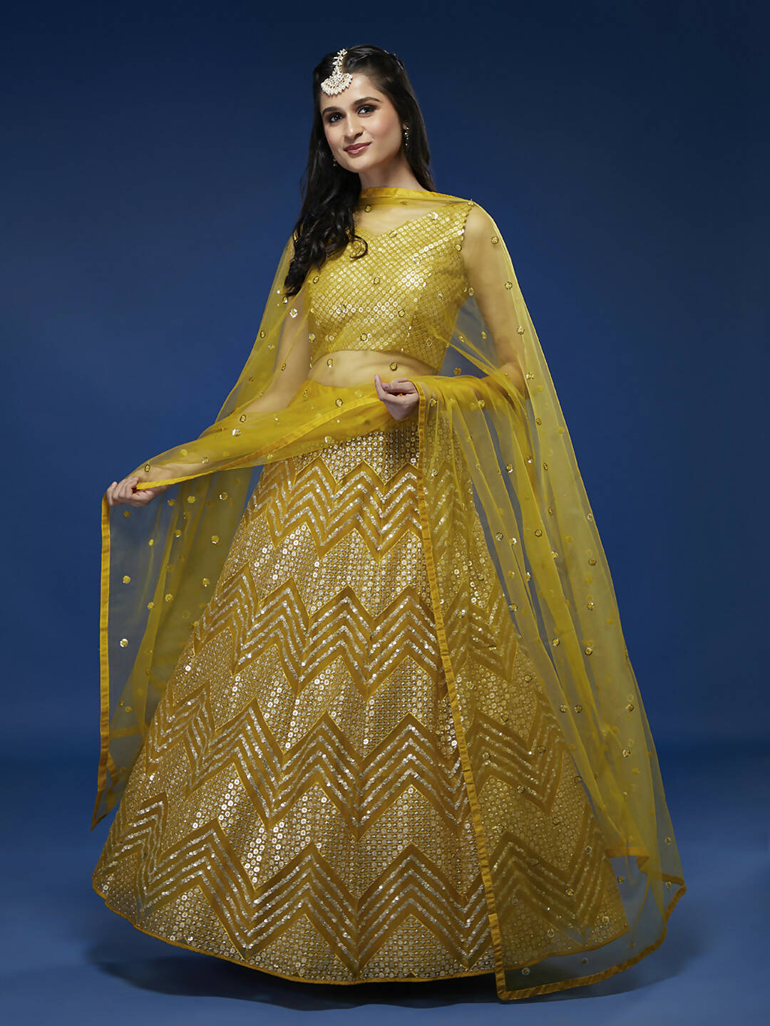 House of Panchhi Mustard Net Sequinse Work Lehenga & Blouse, Dupatta | Swadesiicart