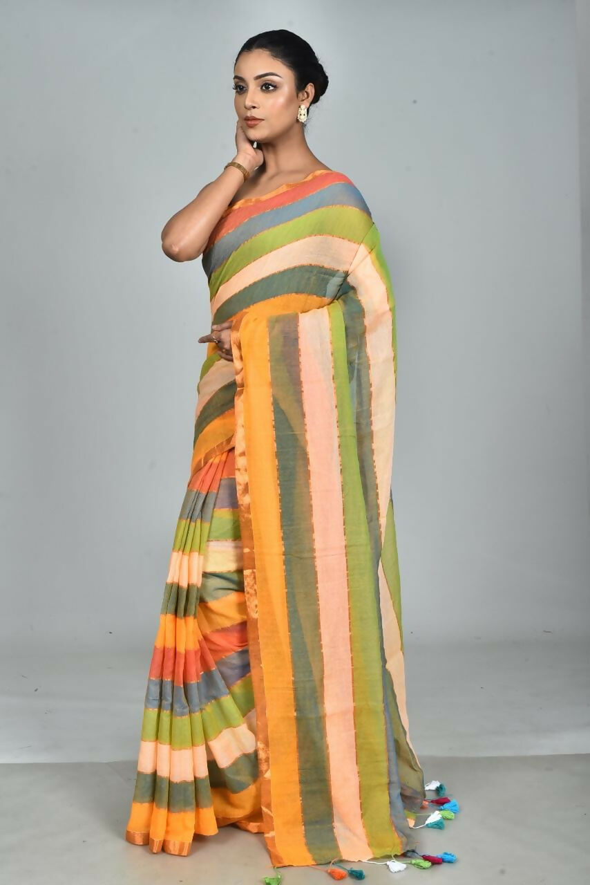 Exclusive Collection Beautiful Multi3 Pure Cotton Woven Handloom Saree With Running Blouse Piece - Swadesiicart