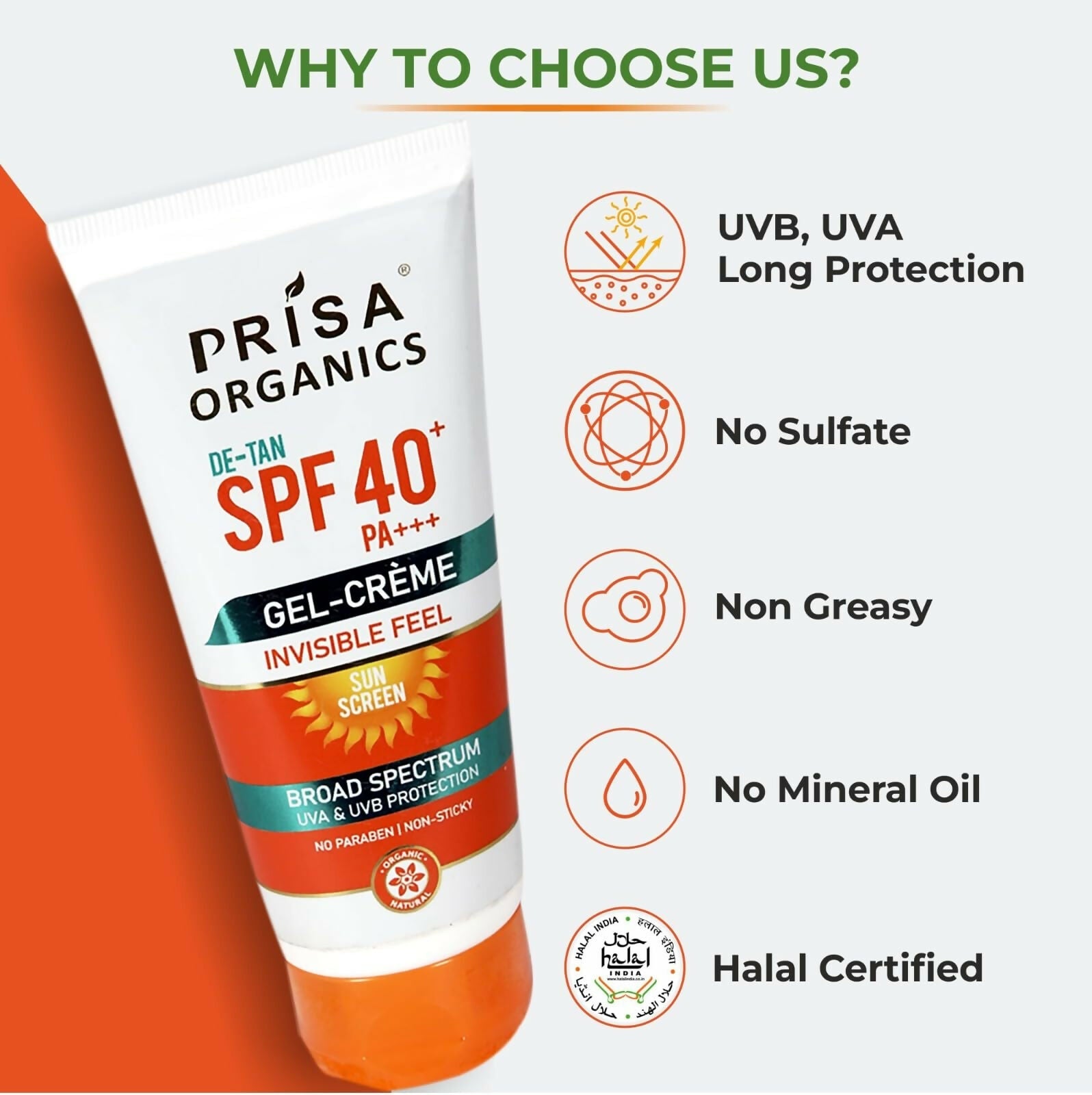 Prisa Organics De-Tan Sun Screen SPF 40 PA+++ Invisible Feel Gel Cream - Swadesiicart