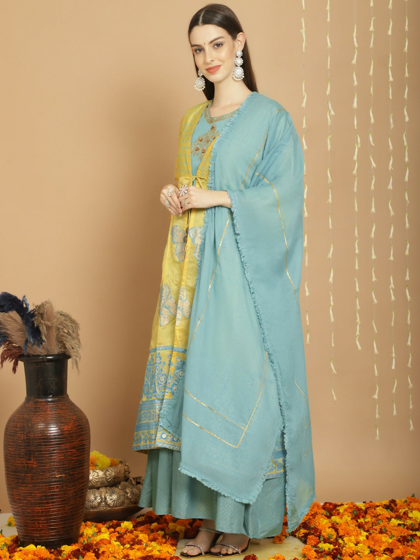 Jyoti Fashion Women's Yellow Chanderi Silk Elegant Jardoshi Kurta with Trouser & Dupatta | Swadesiicart
