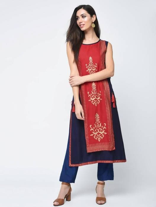 Aniyah Rayon Block Printed Layered Kurta In Red (AN-120K) - Swadesiicart
