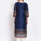Myshka Women's Navy Blue Printed Chanderi Silk 3/4 Sleeve Round Neck Casual Kurta