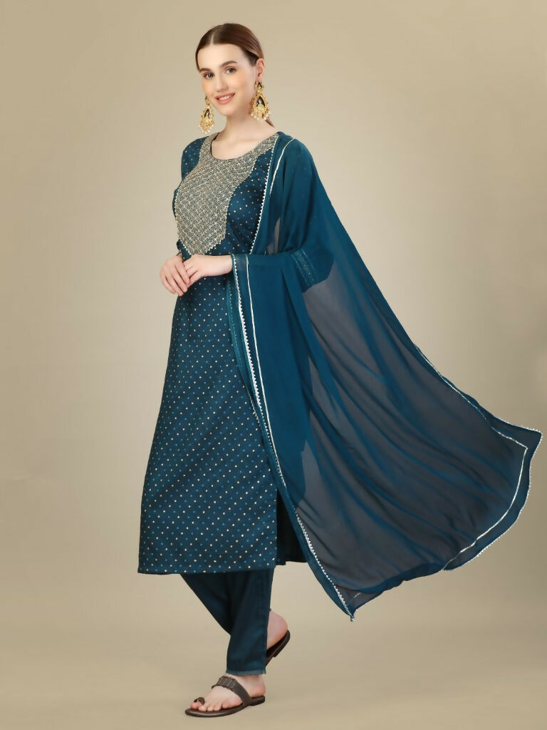 Jyoti Fashion Women's Morpich Silk Blend Embroidery & Sequence work Kurta with Trouser & Dupatta | Swadesiicart