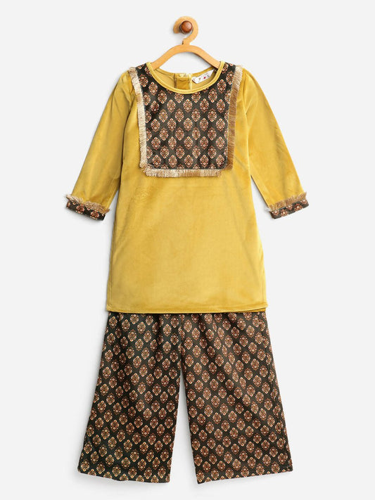 Ahalyaa Mustard Color Digital Print Velvet kids Kurta Palazzo Set For Girls | Swadesiicart