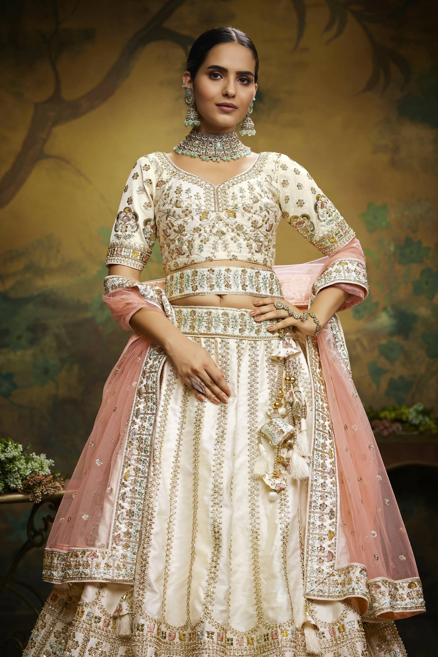 House of Panchhi Off White Pure Silk Moti & Zarkan heavy embroidery Lehenga choli & Dupatta | Swadesiicart