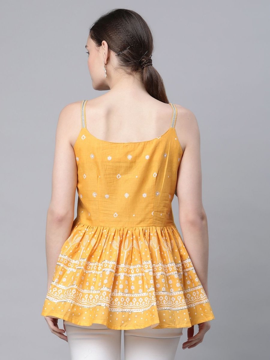 Ahalyaa Women Mustard Pure Cotton Porcian Print Shoulder Straps Tunic | Swadesiicart
