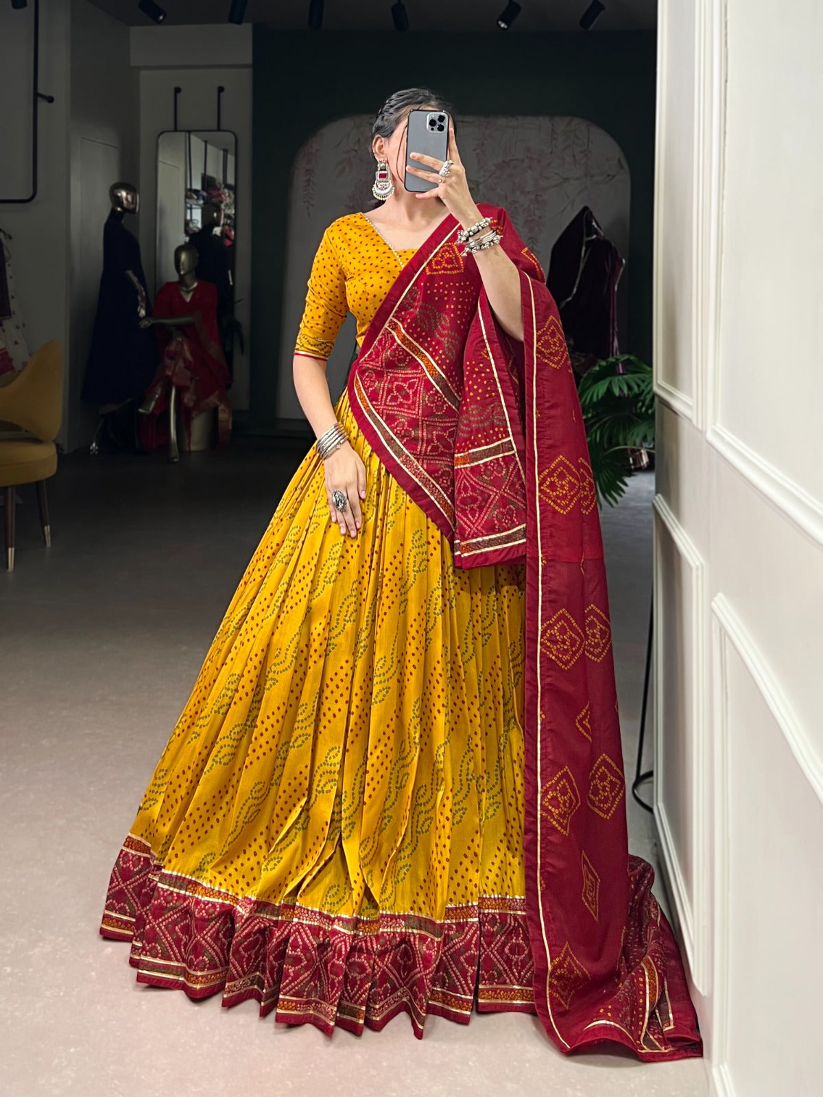 Lorenvalley Fashion Yellow Tasar Silk Bandhej Print With Gotta Patti Lace Touch Up Lehenga Choli with Dupatta - Swadesiicart