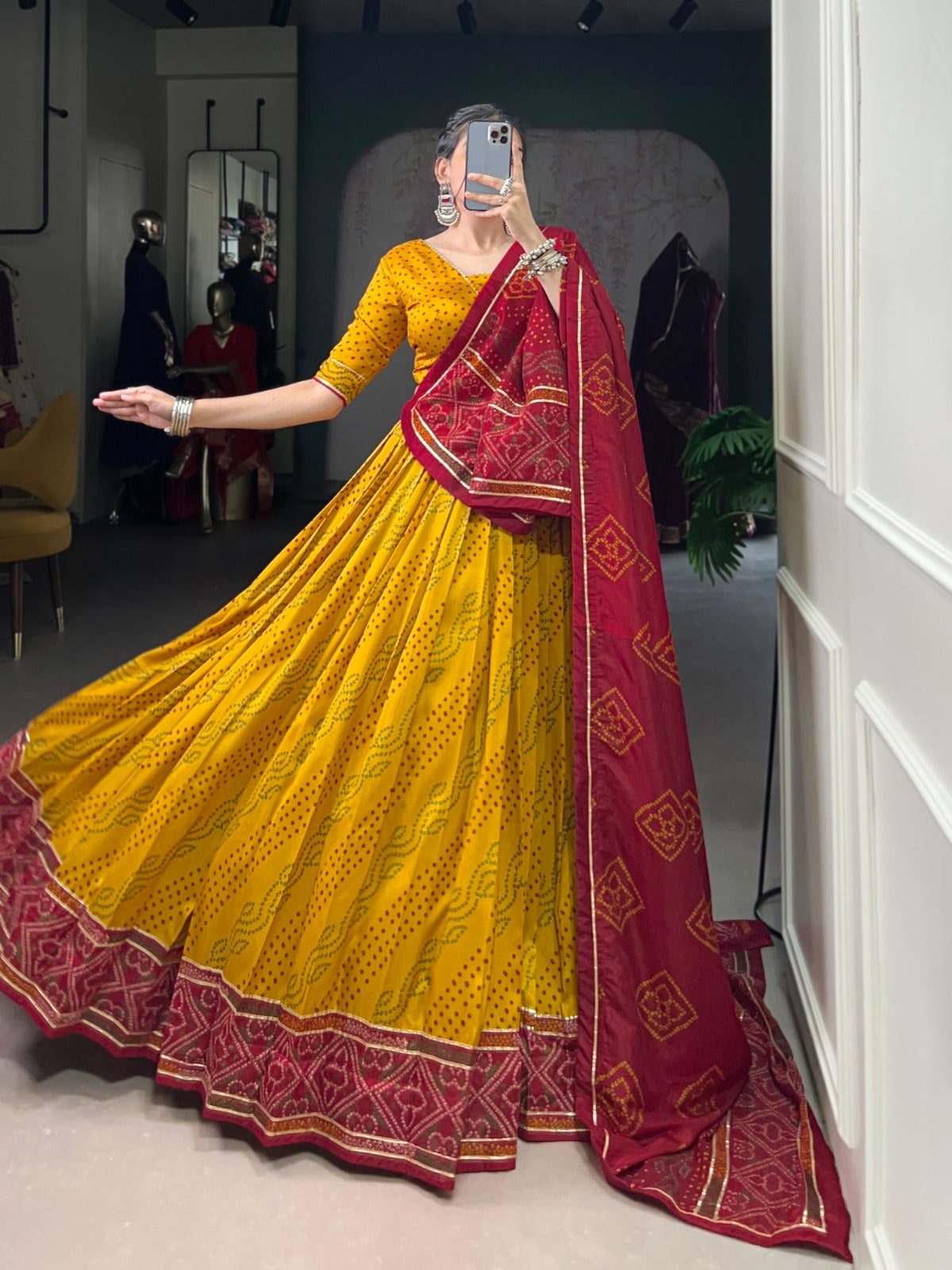 Lorenvalley Fashion Yellow Tasar Silk Bandhej Print With Gotta Patti Lace Touch Up Lehenga Choli with Dupatta - Swadesiicart