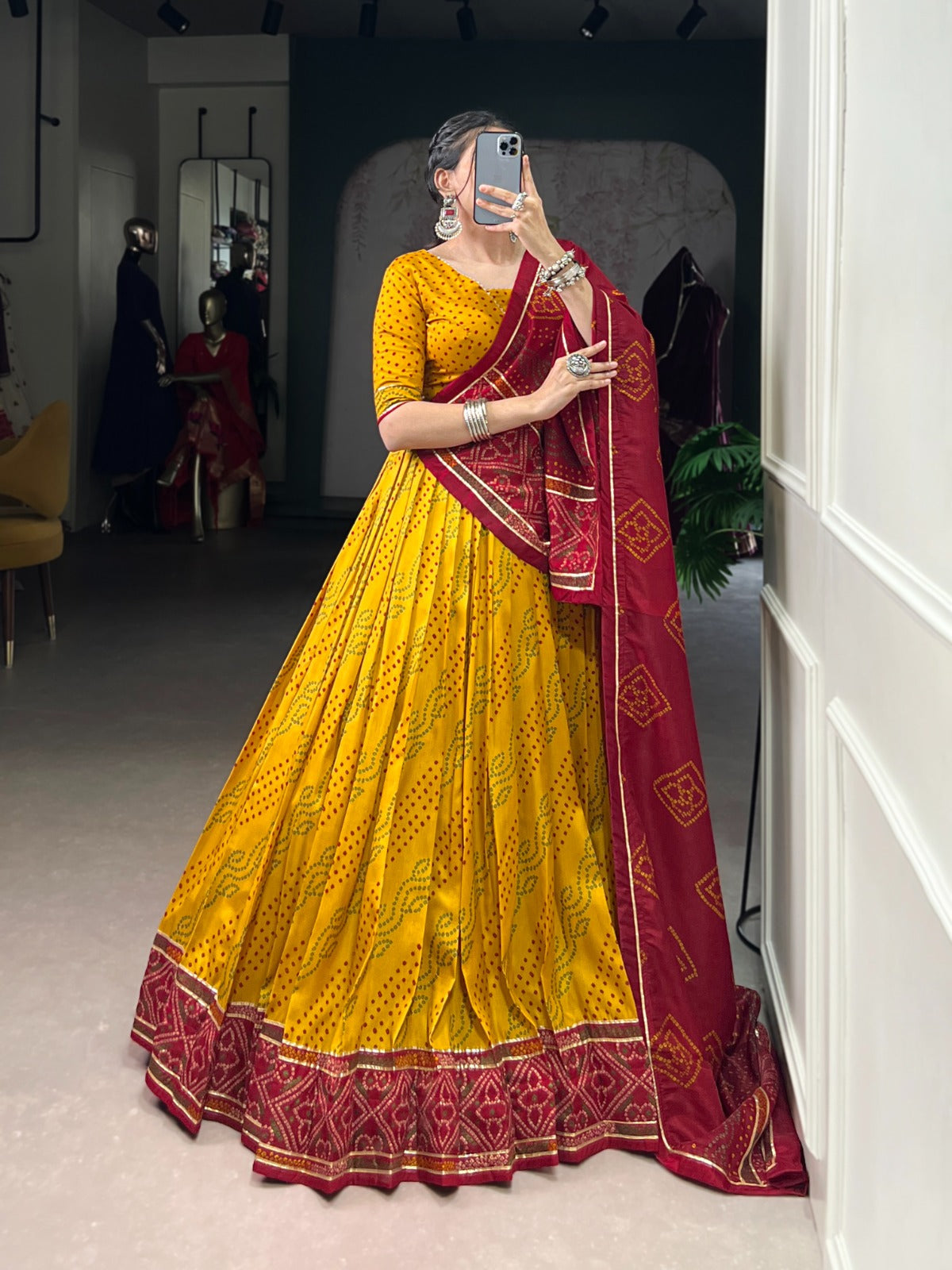 Lorenvalley Fashion Yellow Tasar Silk Bandhej Print With Gotta Patti Lace Touch Up Lehenga Choli with Dupatta - Swadesiicart