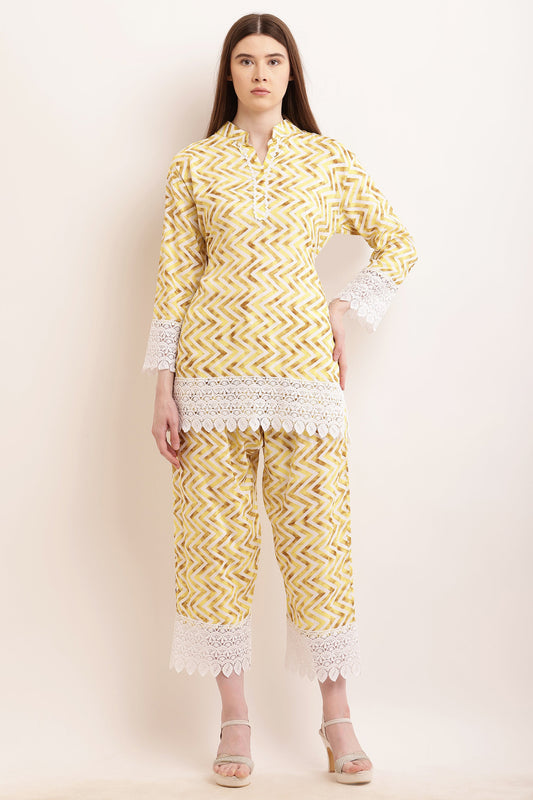 PAVONINE Yellow Color Zig-Zag Printed with Lace Inserted Cord Set For Women - Swadesiicart