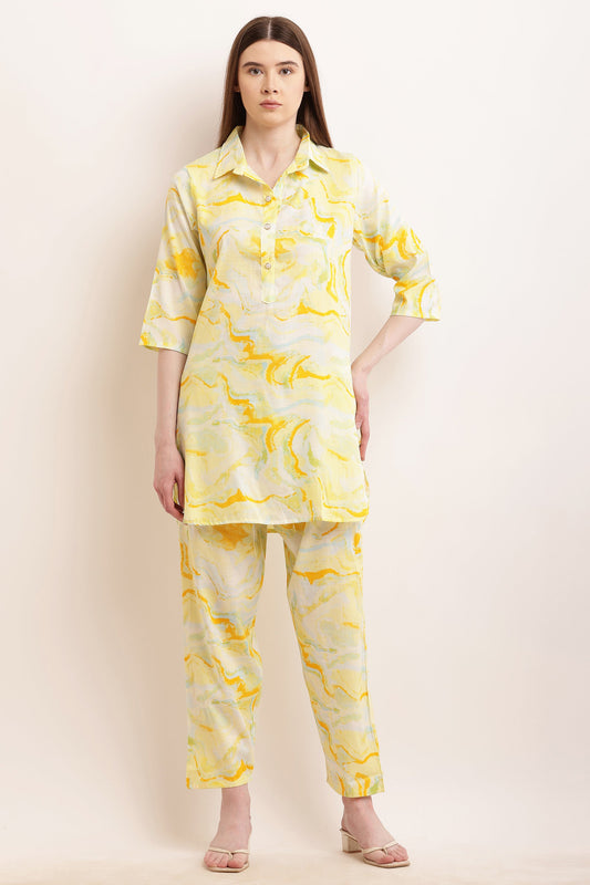 PAVONINE Yellow Color Ted-Dye Printed Cord Set For Women - Swadesiicart