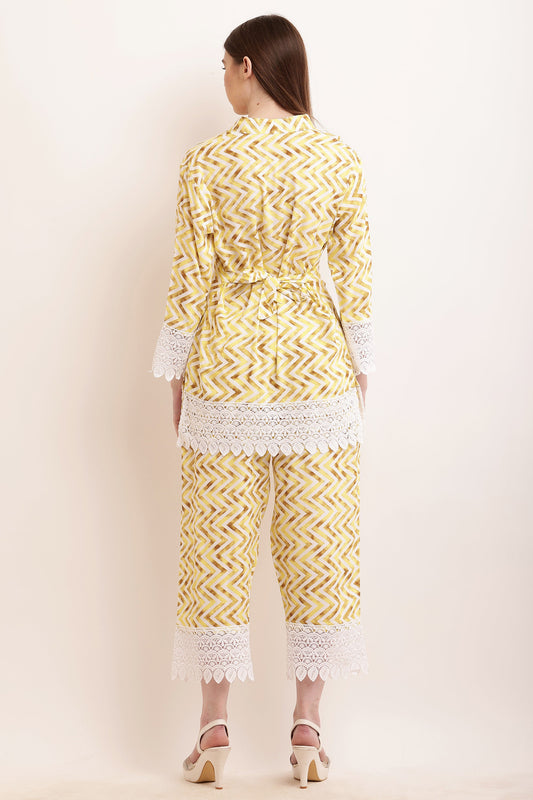 PAVONINE Yellow Color Zig-Zag Printed with Lace Inserted Cord Set For Women - Swadesiicart