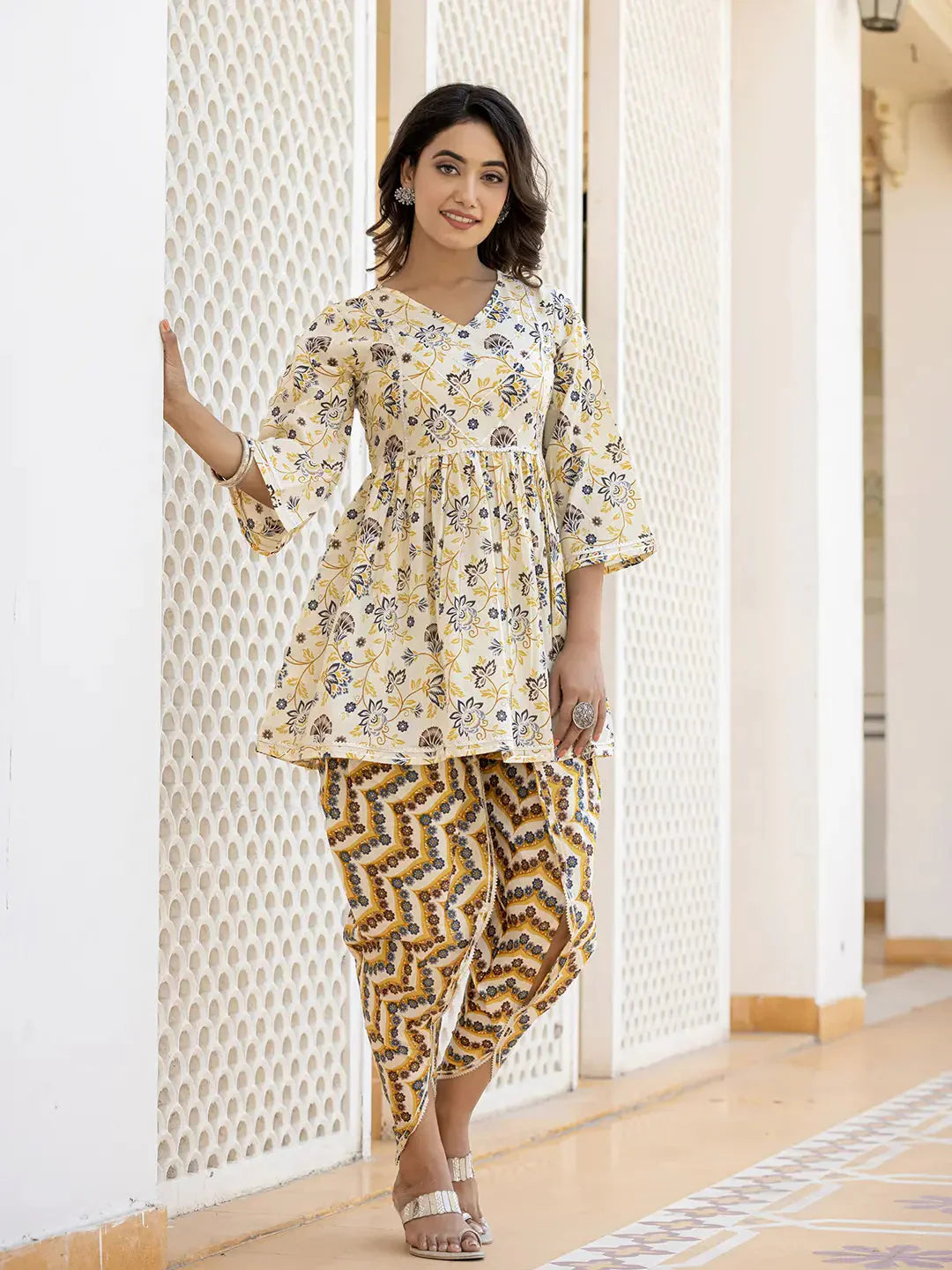 Yufta Yellow Gotta Patti Kurti with Dhoti Pants Set - Swadesiicart