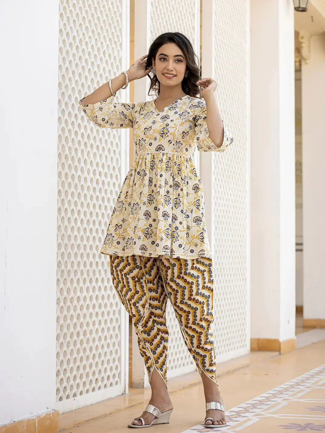 Yufta Yellow Gotta Patti Kurti with Dhoti Pants Set - Swadesiicart