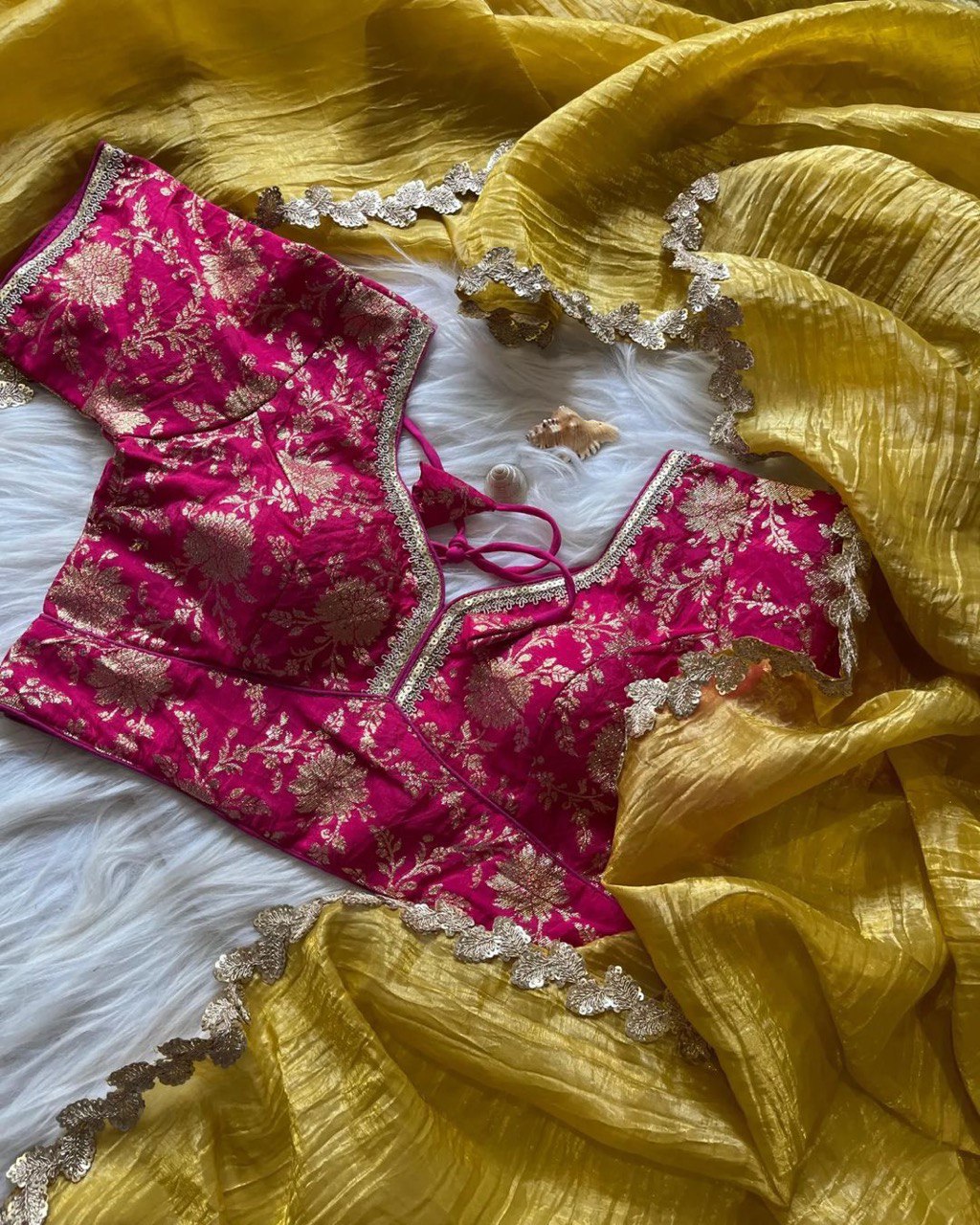 Lorenvalley Fashion Premium Yellow Rani Tissue Crush Saree with Jacquard Weaving Stitched Blouse - Swadesiicart