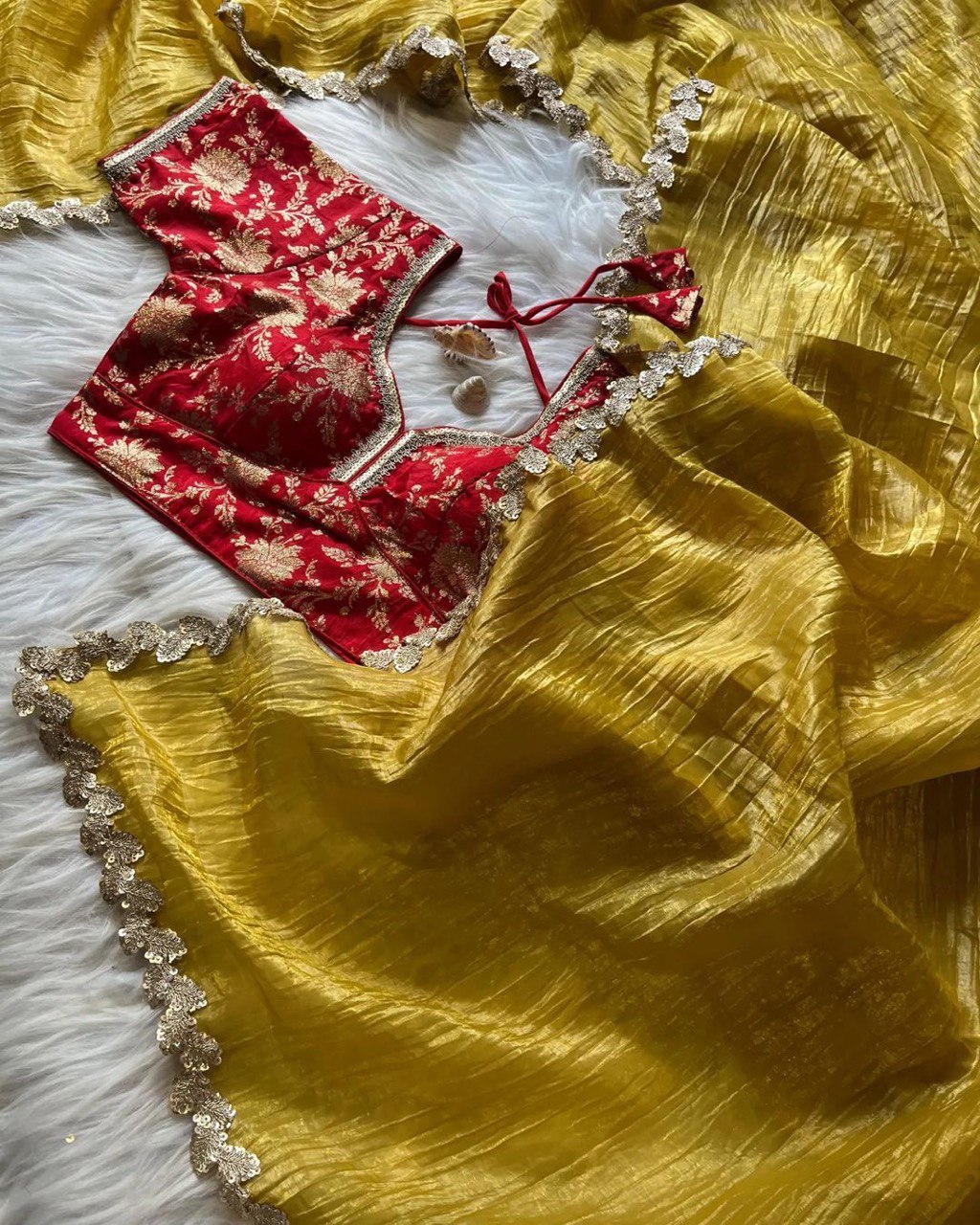 Lorenvalley Fashion Premium Yellow Tissue Crush Saree with Jacquard Weaving Stitched Blouse - Swadesiicart