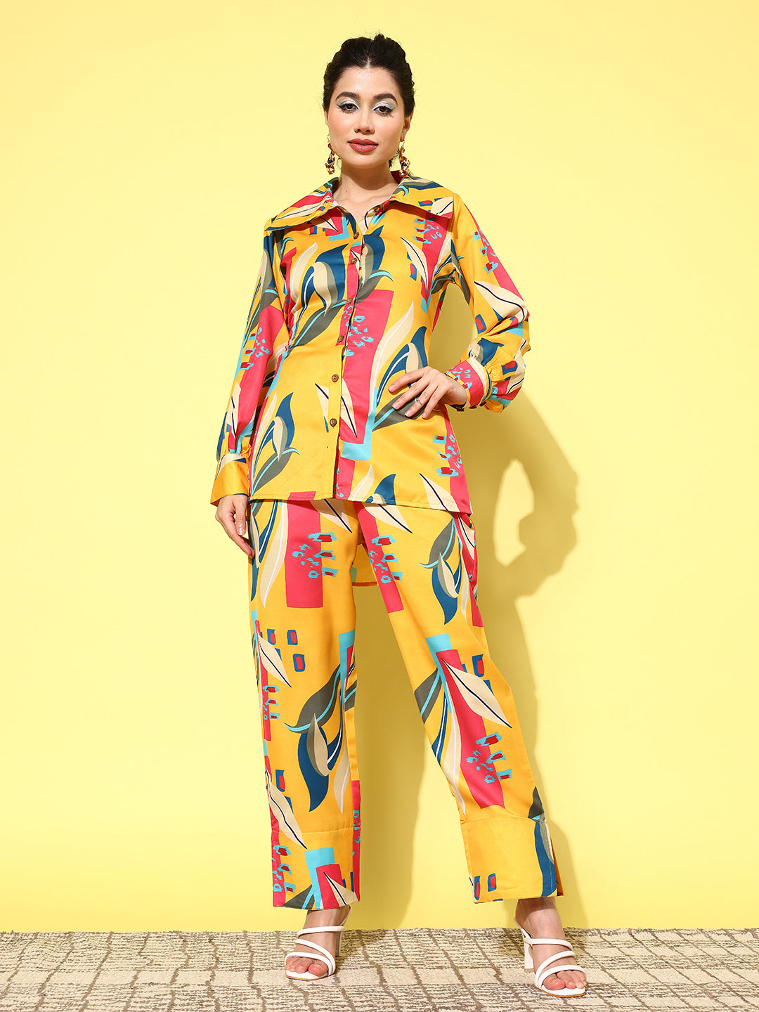 Yufta Yellow and Pink Printed Satin Co-Ords - Swadesiicart